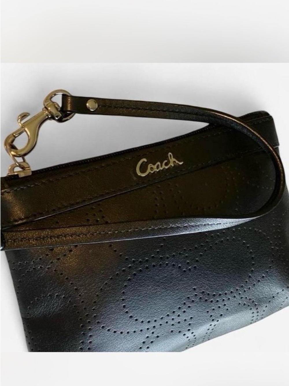 Coach Black Perforated Leather Wristlet with Silver Hardware